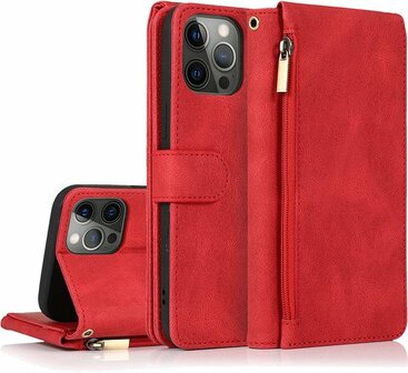 iPhone 13 Pro Max Rood - Book Case met Rits &amp;amp; Extra Vakken