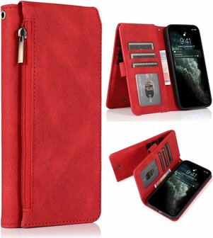 iPhone 13 Pro Max Rood - Book Case met Rits &amp;amp; Extra Vakken