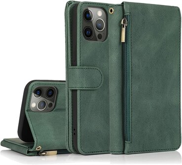iPhone 13 Pro Max Groen - Book Case met Rits &amp;amp; Extra Vakken