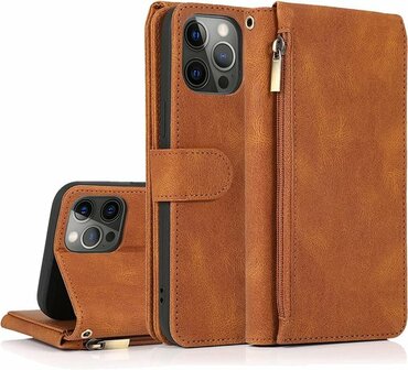 iPhone 13 Pro Bruin - Book Case met Rits &amp;amp; Extra Vakken