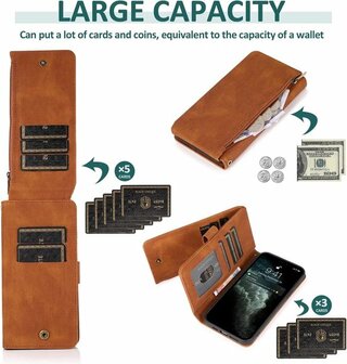 iPhone 13 Pro Bruin - Book Case met Rits &amp;amp; Extra Vakken