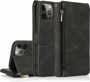 iPhone 13 Pro Zwart - Book Case met Rits &amp;amp; Extra Vakken