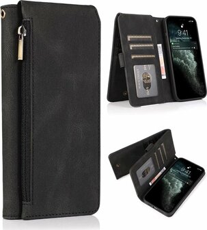 iPhone 13 Pro Zwart - Book Case met Rits &amp;amp; Extra Vakken