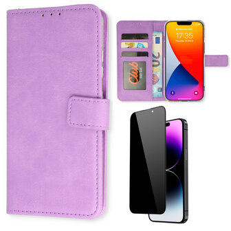 iPhone 15 - Book Case &amp;amp; Privacy Glas - Paars