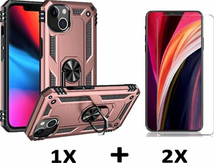iPhone 13 Mini Rosegoud &amp;amp; 2X Glas - Armor met Kickstand Ring