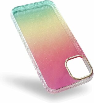 iPhone 13 Pro - Regenboog Glitter Back Cover - Roze &amp;amp; Geel