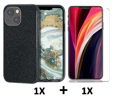 iPhone 14 - Glitter Back Cover &amp;amp; Glas - Zwart