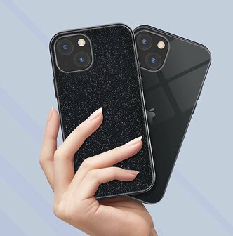 iPhone 14 - Glitter Back Cover &amp;amp; Glas - Zwart