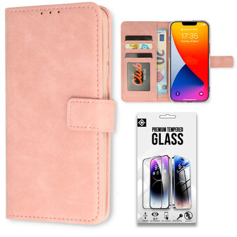 iPhone 15 - Book Case &amp;amp; Glas - Baby Roze