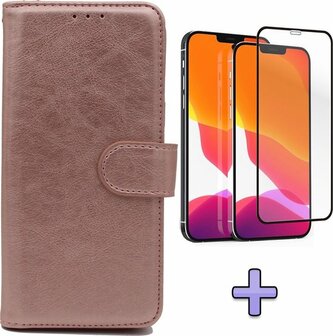 iPhone 12 Pro Max - HQ Book Case &amp;amp; Full Glas - Rosegoud
