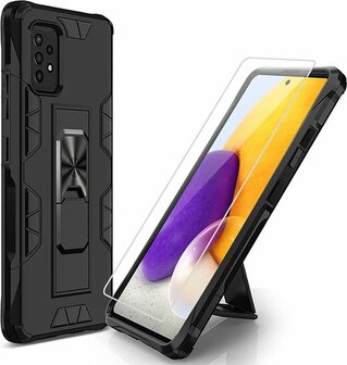 Samsung A72 Zwart &amp;amp; Glas - Magnetic Kickstand Armor Case
