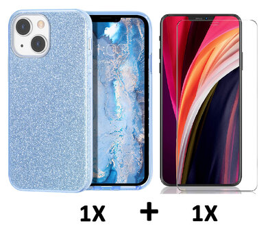 iPhone 14 - Glitter Back Cover &amp;amp; Glas - Blauw