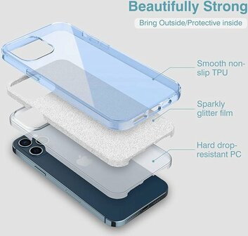 iPhone 14 - Glitter Back Cover &amp;amp; Glas - Blauw