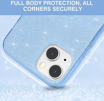 iPhone 14 - Glitter Back Cover &amp;amp; Glas - Blauw