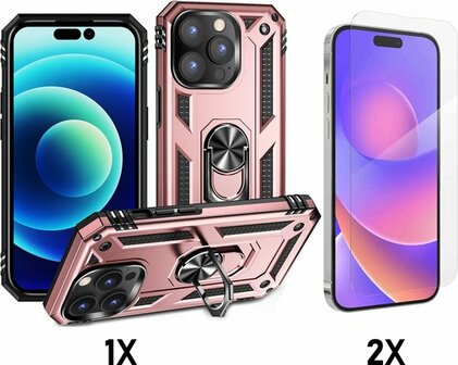 iPhone 14 Pro Max Rosegoud &amp;amp; 2X Glas - Armor met Kickstand Ring