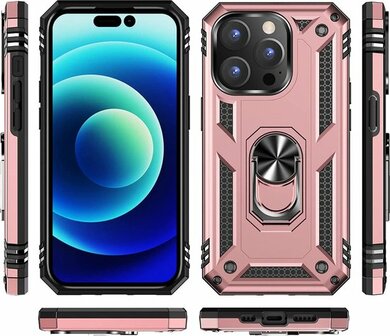 iPhone 14 Pro Max Rosegoud &amp;amp; 2X Glas - Armor met Kickstand Ring