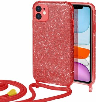 iPhone 11 Rood - Glitter Back Cover met Koord