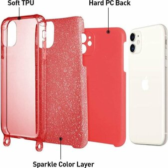 iPhone 11 Rood - Glitter Back Cover met Koord