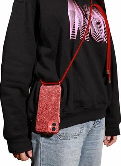 iPhone 11 Rood - Glitter Back Cover met Koord