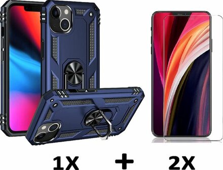 iPhone 13 Mini Blauw &amp;amp; 2X Glas - Armor met Kickstand Ring