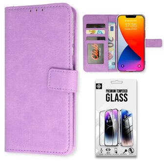 iPhone 15 - Book Case &amp;amp; Glas - Paars
