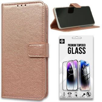 iPhone 15 - Book Case &amp;amp; Glas - Rosegoud