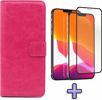 iPhone 12 Pro Max - Book Case &amp;amp; Full Glas - Roze