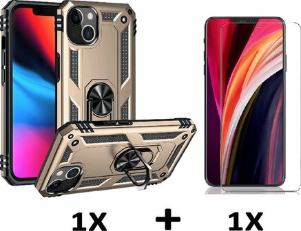 iPhone 13 Goud &amp;amp; Glas - Armor met Kickstand Ring