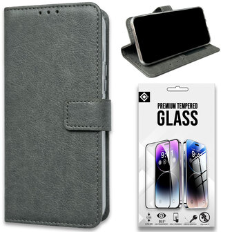 iPhone 15 Plus - Book Case &amp;amp; Glas - Grijs