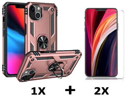 iPhone 15 Rosegoud &amp;amp; 2X Glas - Armor met Kickstand Ring
