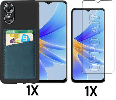 Oppo A17 Zwart - Kaarthouder Navy Blue &amp;amp; Glas - Back Cover