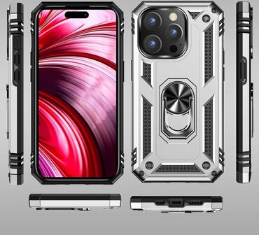 iPhone 14 Pro Grijs &amp;amp; 2X Glas - Armor met Kickstand Ring