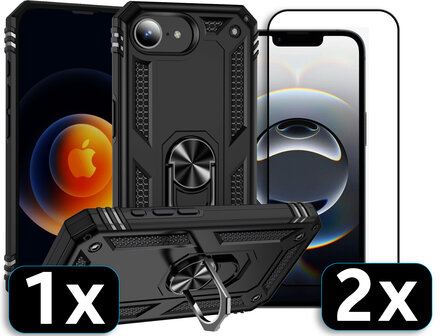 iPhone 16e - Zwart - Kickstand Amor Back Cover &amp;amp; 2x Glas