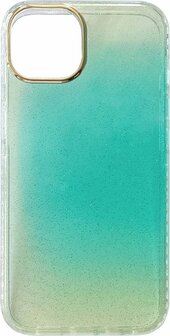 iPhone 14 - Regenboog Glitter Back Cover - Turquoise