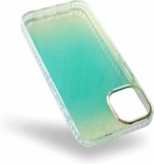 iPhone 14 - Regenboog Glitter Back Cover - Turquoise