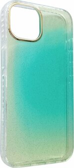 iPhone 14 - Regenboog Glitter Back Cover - Turquoise