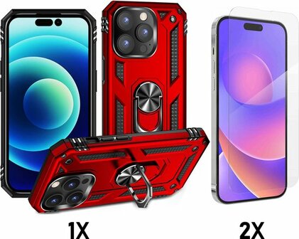 iPhone 14 Pro Max Rood &amp;amp; 2X Glas - Armor met Kickstand Ring