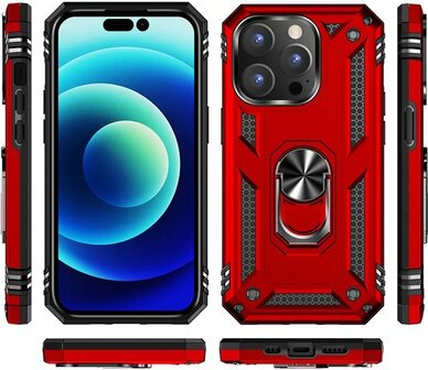iPhone 14 Pro Max Rood &amp;amp; 2X Glas - Armor met Kickstand Ring