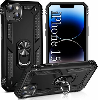 iPhone 15 Zwart - Armor met Kickstand Ring