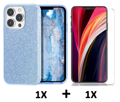 iPhone 14 Pro Max - Glitter Back Cover &amp;amp; Glas - Blauw