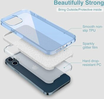 iPhone 14 Pro Max - Glitter Back Cover &amp;amp; Glas - Blauw
