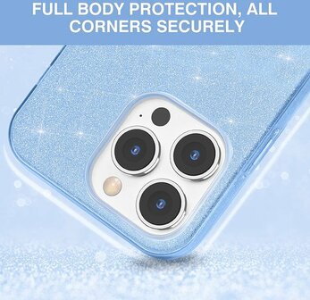 iPhone 14 Pro Max - Glitter Back Cover &amp;amp; Glas - Blauw