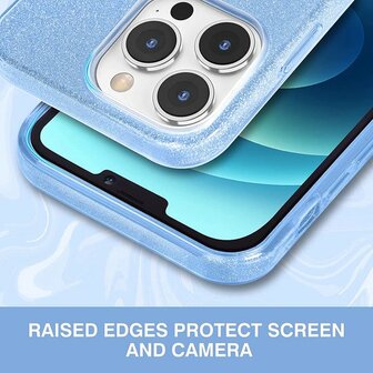 iPhone 14 Pro Max - Glitter Back Cover &amp;amp; Glas - Blauw
