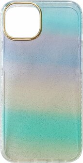 iPhone 14 - Regenboog Glitter Back Cover - Blauw