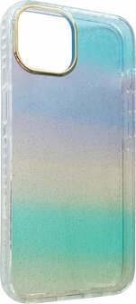iPhone 14 - Regenboog Glitter Back Cover - Blauw