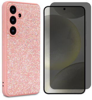 Samsung S25 - Roze - Diamant Glitter &amp;amp; Privacy Glas