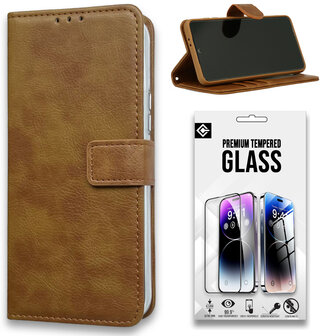 iPhone 15 - Book Case &amp;amp; Glas - Bruin