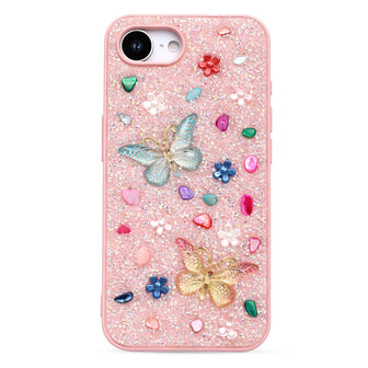 iPhone 16E - Vlinder Diamant Glitter - Roze