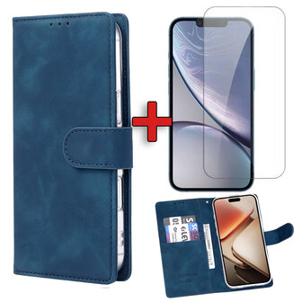iPhone 16e - Suide Book Case &amp;amp; Glas - Blauw