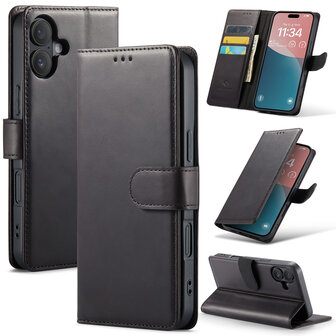 iPhone 16 Plus - Zwart - Lederen Book Case